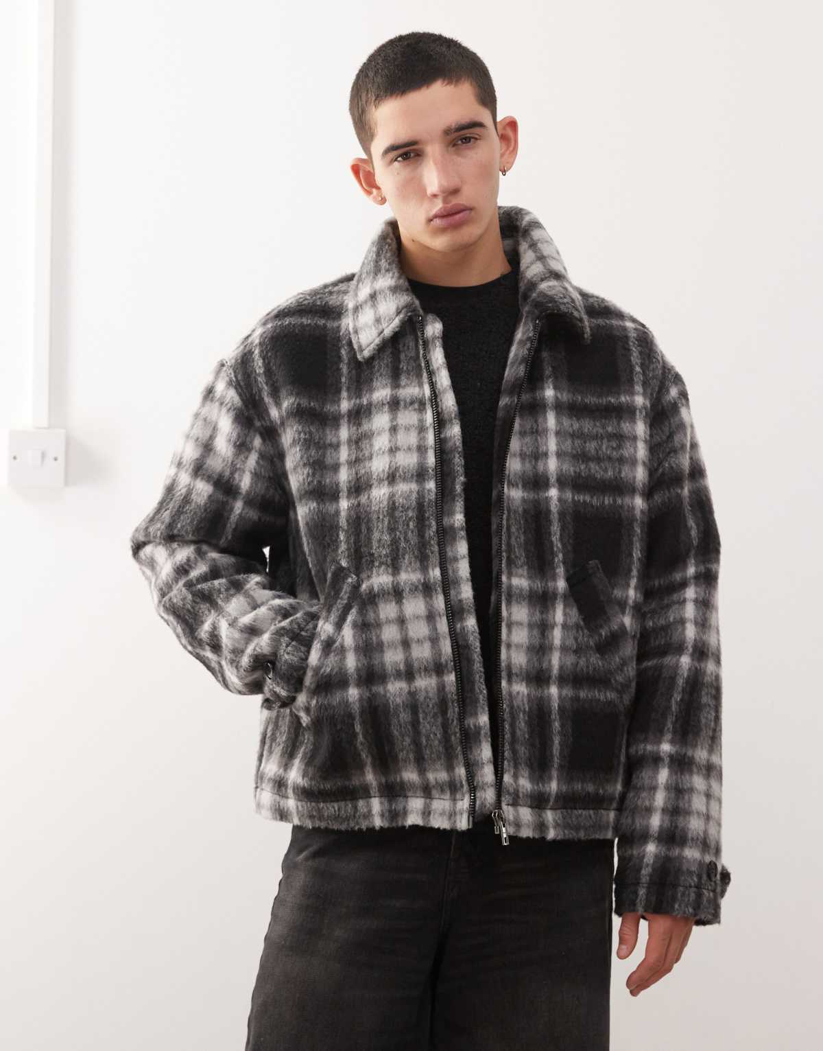 Weekday brushed wool blend jacket in black check