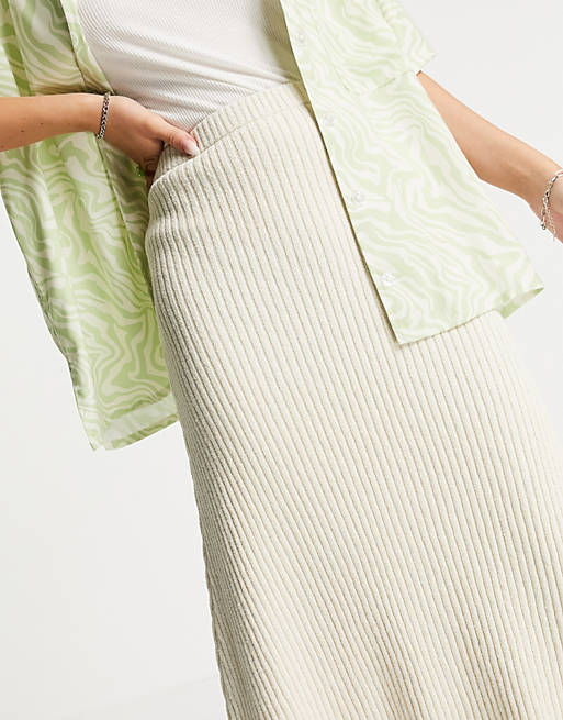  Weekday Brynn organic blend cotton midi knit skirt in off white 