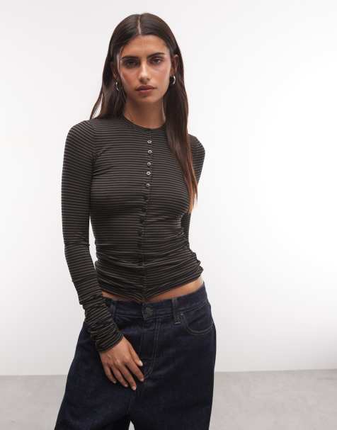 Weekday button front long sleeve top in black & khaki stripe - view 1