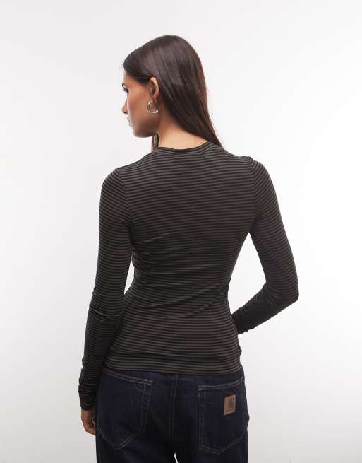 Weekday button front long sleeve top in black & khaki stripes, 4 of 4