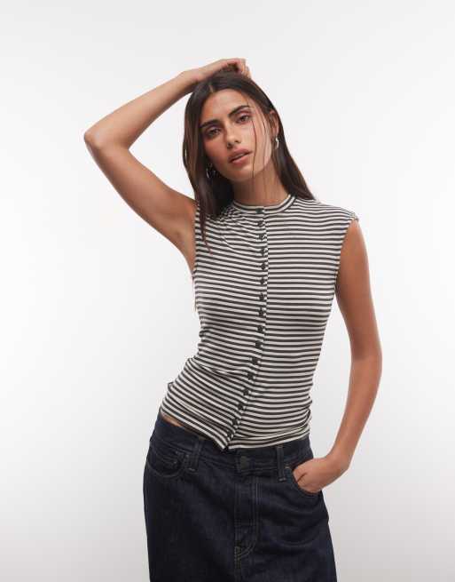 Weekday button front tank top in dark gray and beige stripe, 3 of 4