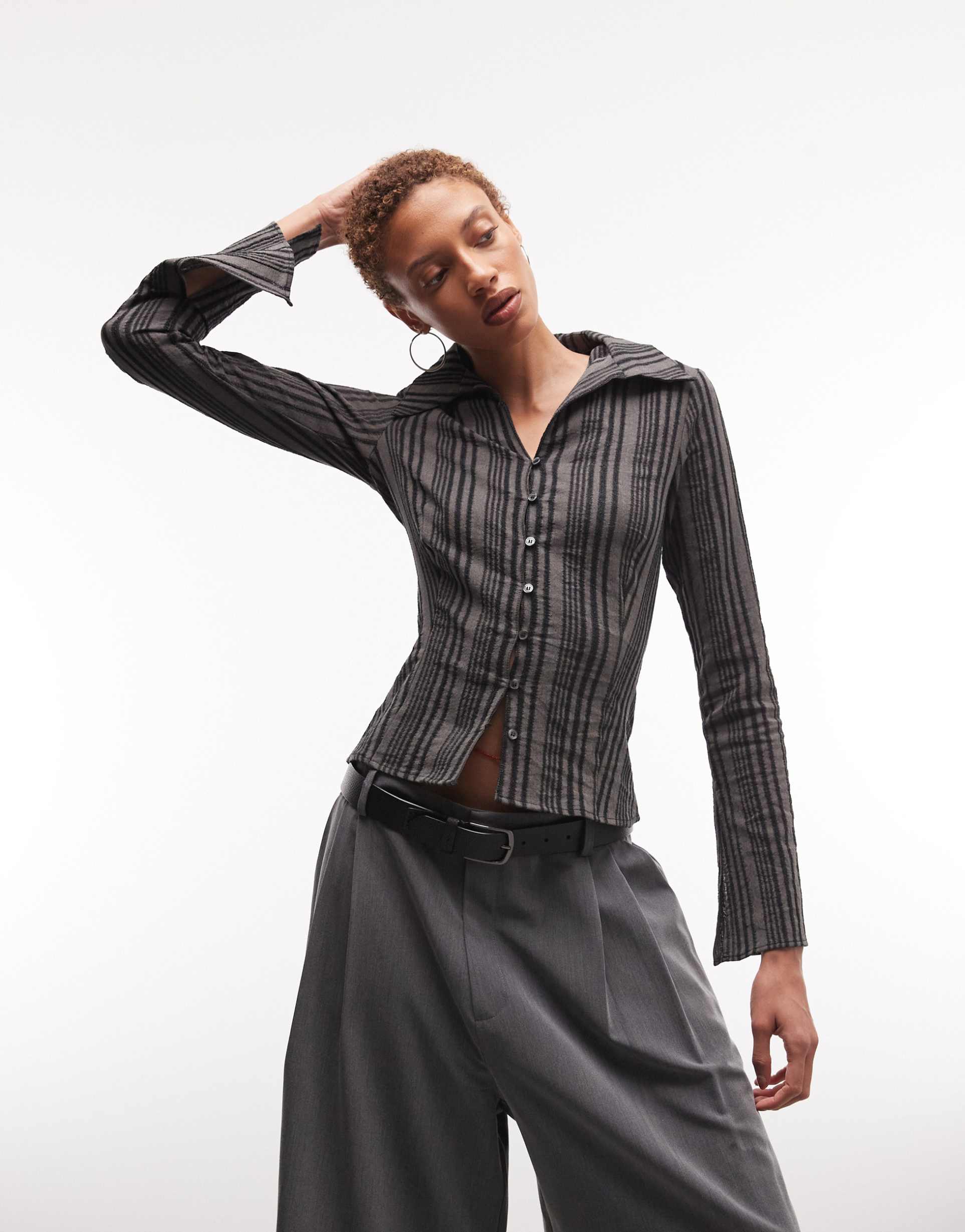 weekday button up long sleeve shirt in gray stripe