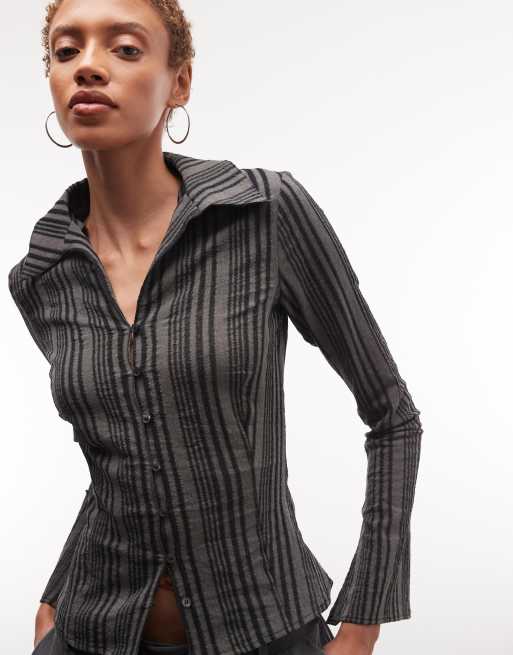 Weekday button up long sleeve shirt in grey stripe, 3 of 4