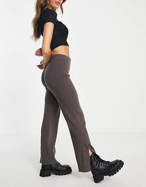 Women Weekday Cameo recycled knitted split hem trousers in mocha 