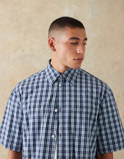 Weekday - Camicia a maniche corte blu navy a quadri vestibilità comoda, 4 di 5