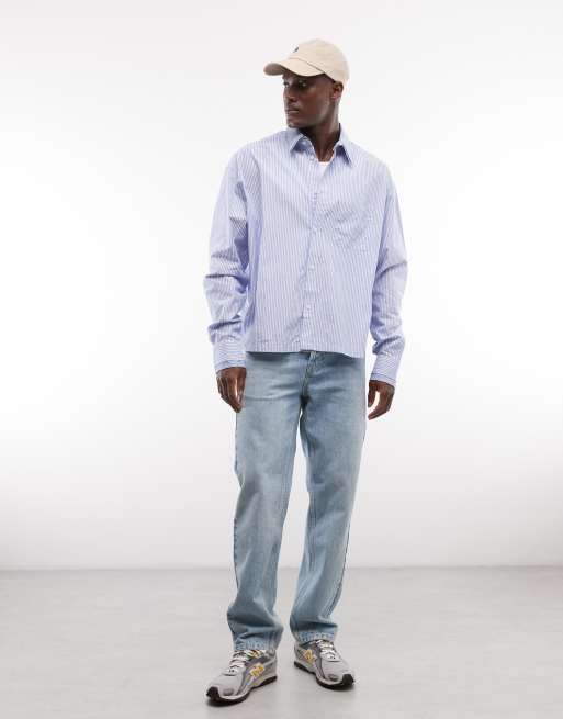Weekday - Camicia a maniche lunghe bianca e blu a righe con colletto a contrasto, 2 di 5