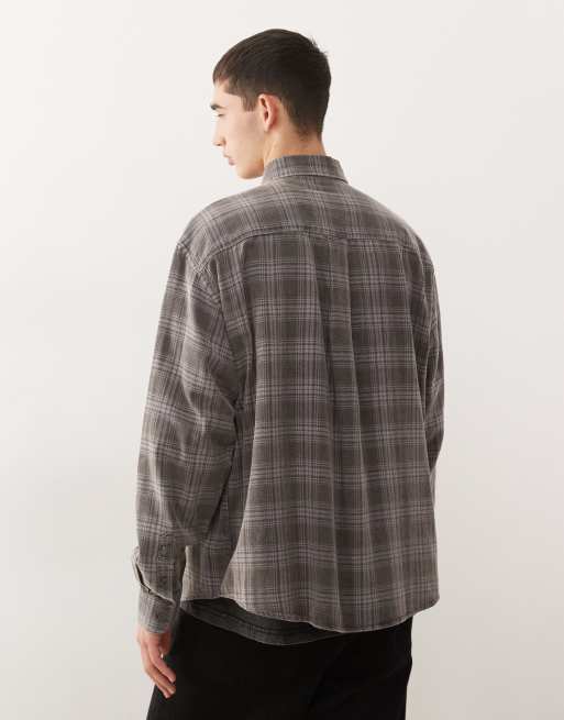 Weekday - Camicia a maniche lunghe in flanella grigia a quadri lavaggio vintage, 3 di 5