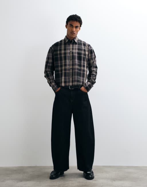 Weekday camicia a maniche lunghe vestibilità squadrata a quadri marrone e tortora, 3 di 5