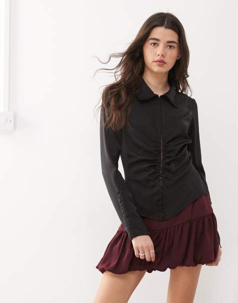 Weekday - Camicia arricciata nera in raso - view 1
