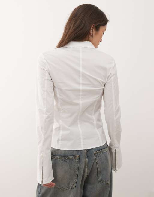 Weekday - Camicia bianca con zip e maniche svasate, 4 di 4
