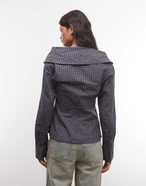 Weekday camicia multistile con collo a imbuto a quadri neri e blu, 4 di 4