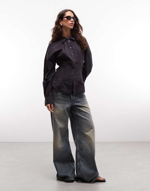 Weekday - Camicia nera stretta in vita con cuciture, 3 di 4