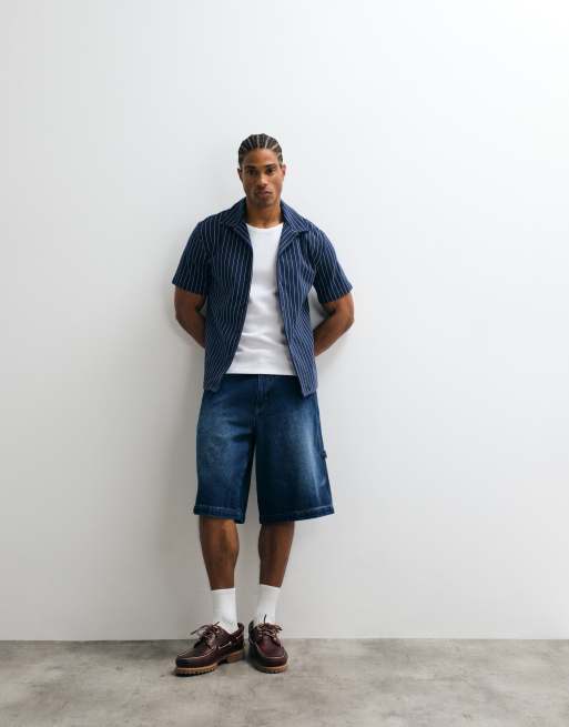 Weekday - Camicia resort a maniche corte blu a righe, 3 di 5