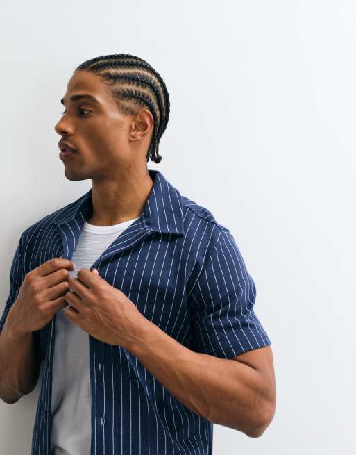 Weekday - Camicia resort a maniche corte blu a righe, 5 di 5