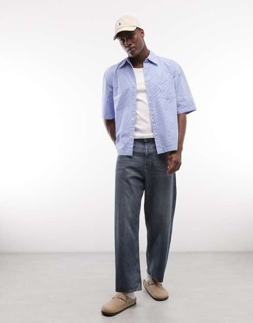 Weekday - Camicia squadrata a maniche corte blu e bianca a righe, 2 di 5