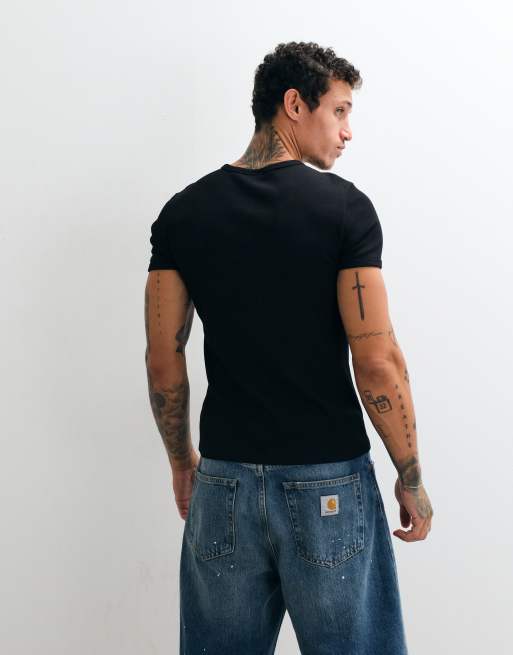 Weekday - Camiseta negra de corte slim de canalé, 4 de 5