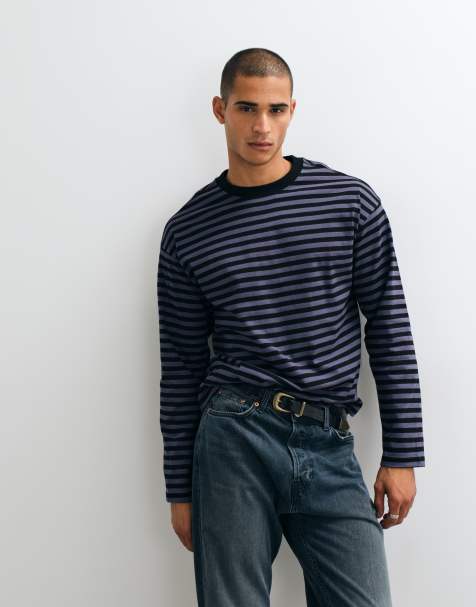 Weekday - camiseta oversize de corte boxy de manga larga a rayas negras y azul marino - view 1