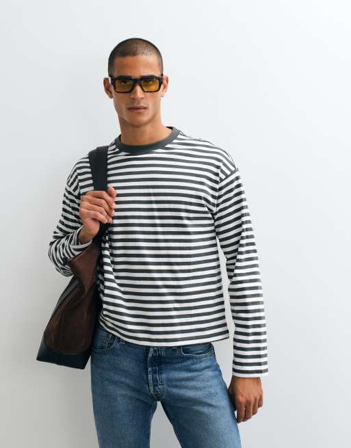 Weekday - camiseta oversize de corte boxy de manga larga a rayas verde oscuro y blanco roto, 4 de 5