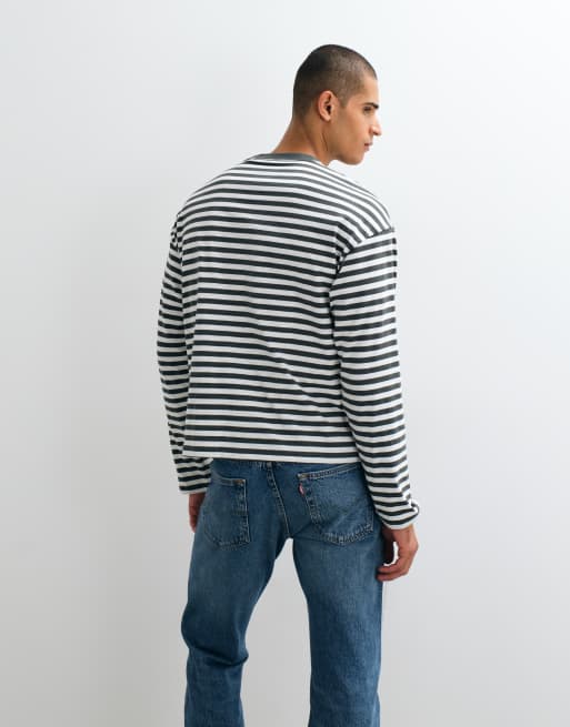Weekday - camiseta oversize de corte boxy de manga larga a rayas verde oscuro y blanco roto, 5 de 5