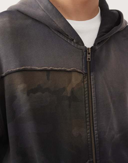 Weekday camo print zip through hoodie in washed black, 5 of 5