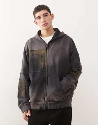 Weekday Camo Print Zip Up Hoodie In Gray