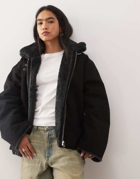 Weekday canvas jacket with faux fur collar in washed black - view 1
