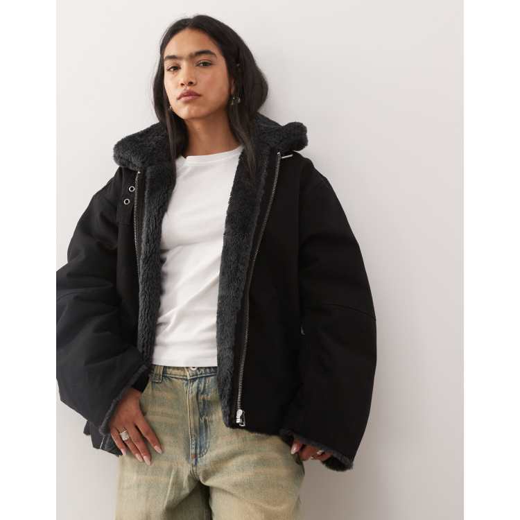 Weekday canvas jacket with faux fur collar in washed black | ASOS