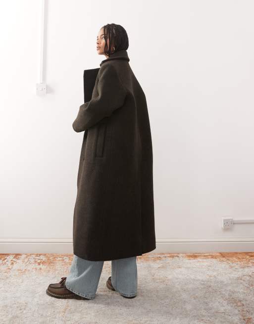 Weekday - Cappotto premium doppiopetto in misto lana marrone scuro mélange, 3 di 4