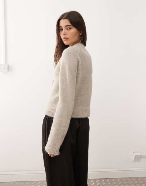Weekday - Cardigan aderente in misto lana color talpa chiaro mélange, 4 di 4