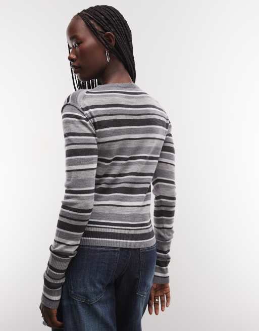Weekday Cardigan aus Merinowolle mit grauen Streifen, 2 von 4