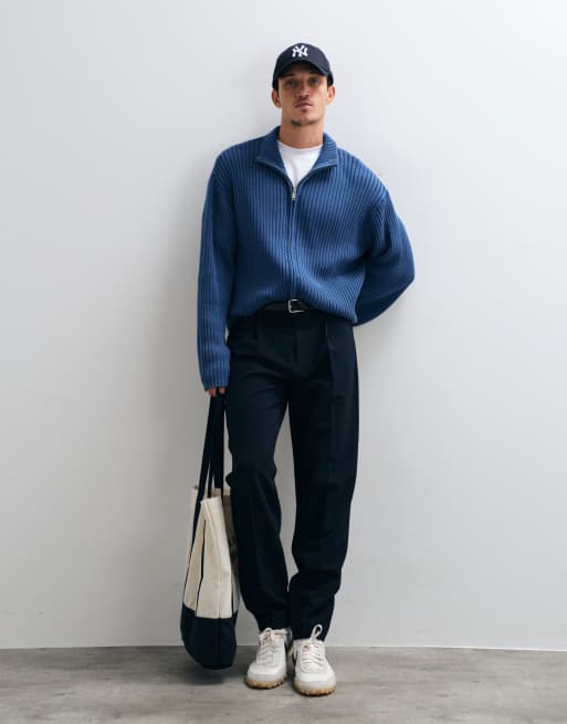 Weekday - Cardigan blu navy a coste con zip, 3 di 5