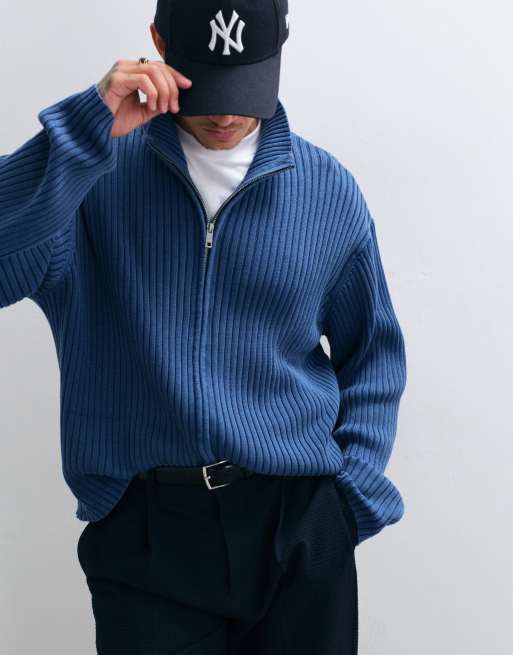 Weekday - Cardigan blu navy a coste con zip, 4 di 5