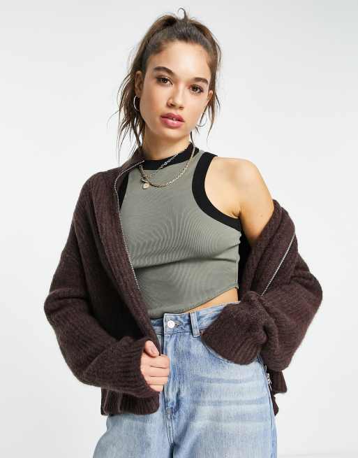 Weekday - Cardigan comodo in maglia di poliestere a coste marrone scuro con zip - BROWN