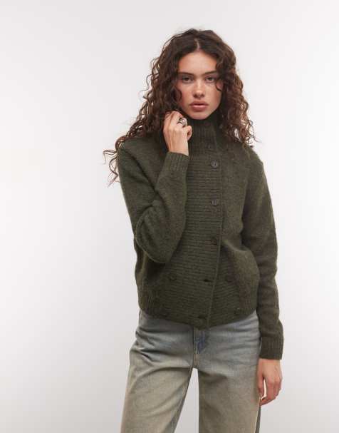 Weekday cardigan con collo alto e bottoni in mélange verde scuro - view 1