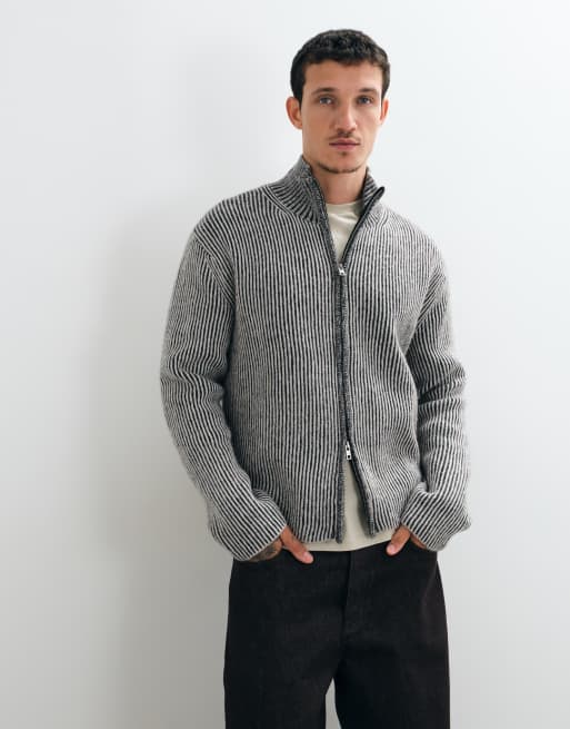 Weekday cardigan con zip in misto lana a coste bicolore bianco e nero, 1 di 5