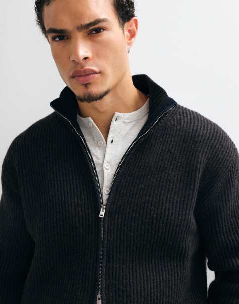 Weekday cardigan con zip in misto lana marrone e nero a coste bicolore - view 1