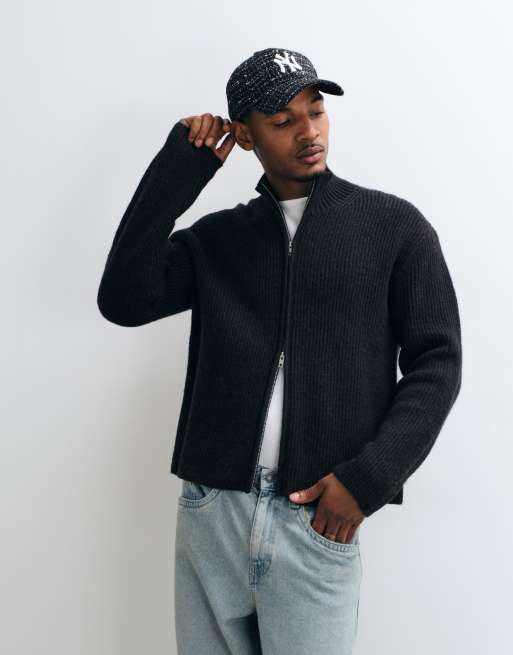 Weekday cardigan con zip in misto lana marrone e nero a coste bicolore, 1 di 5
