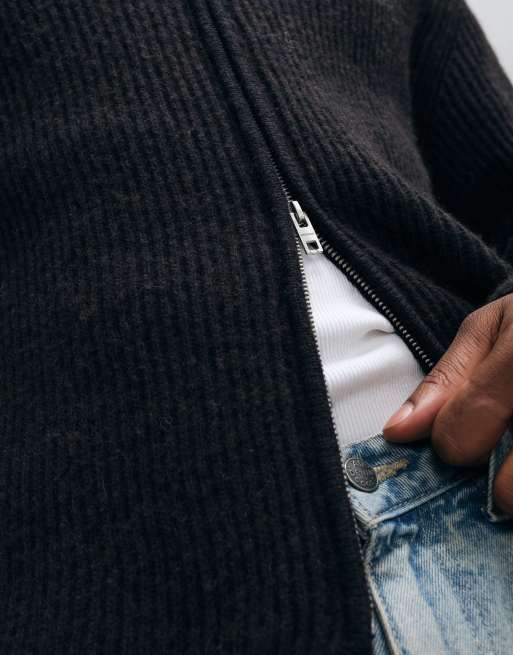 Weekday cardigan con zip in misto lana marrone e nero a coste bicolore, 4 di 5
