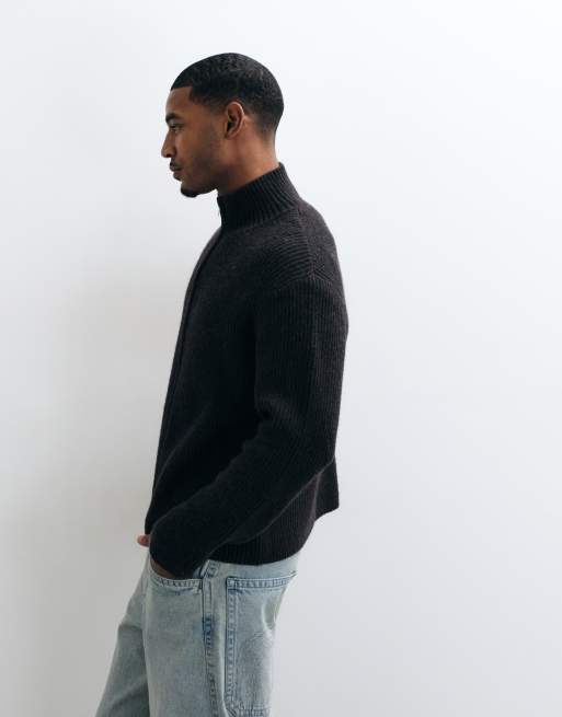Weekday cardigan con zip in misto lana marrone e nero a coste bicolore, 5 di 5