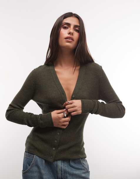 Weekday - cárdigan de lana merino con cuello de pico en verde oscuro jaspeado - view 1
