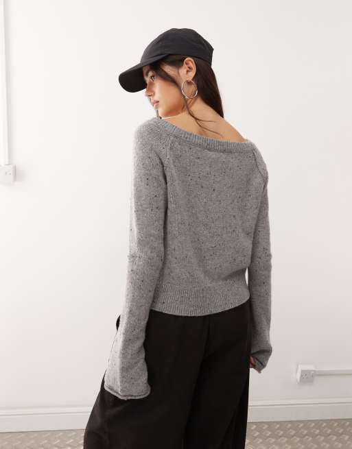 Weekday - Cardigan grigio puntinato in misto lana con spalle scoperte, 2 di 4