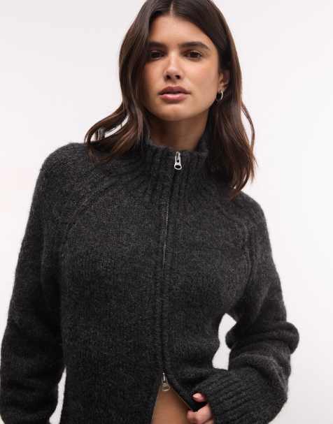Weekday cardigan i håret strik med uldblanding og lynlås i off-black melange - view 1