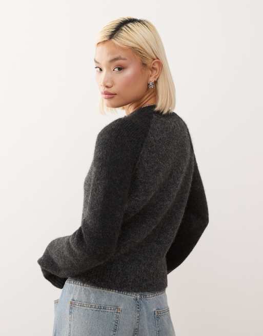 Weekday - Cardigan in misto lana aderente grigio scuro con maniche nere a contrasto, 3 di 4