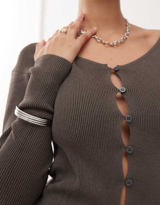 Weekday - Cardigan marrone con spalle scoperte, 3 di 4