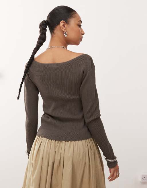 Weekday - Cardigan marrone con spalle scoperte, 4 di 4