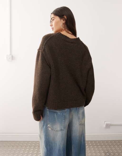Weekday - Cardigan oversize marrone mélange con scollo a V, 2 di 4
