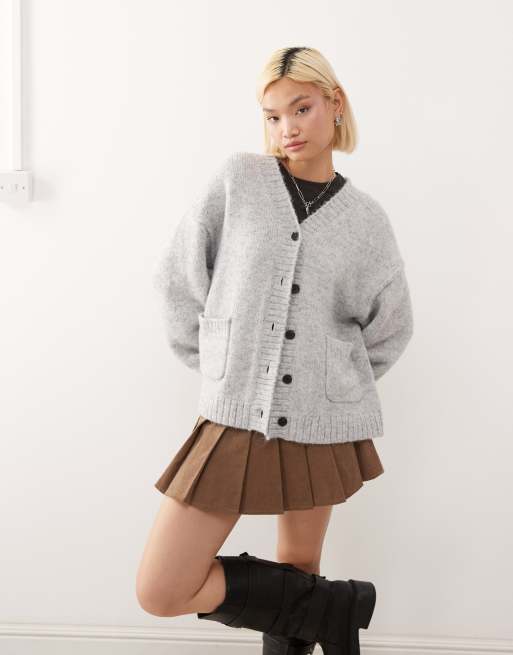 Weekday - Cardigan taglio comodo in misto lana grigio mélange con scollo a V
