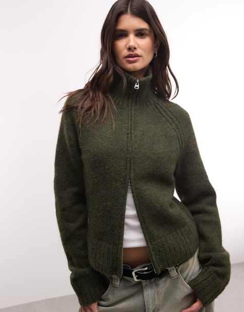 Weekday - Cardigan verde scuro mélange in maglia lanuginosa di misto lana con zip - view 1