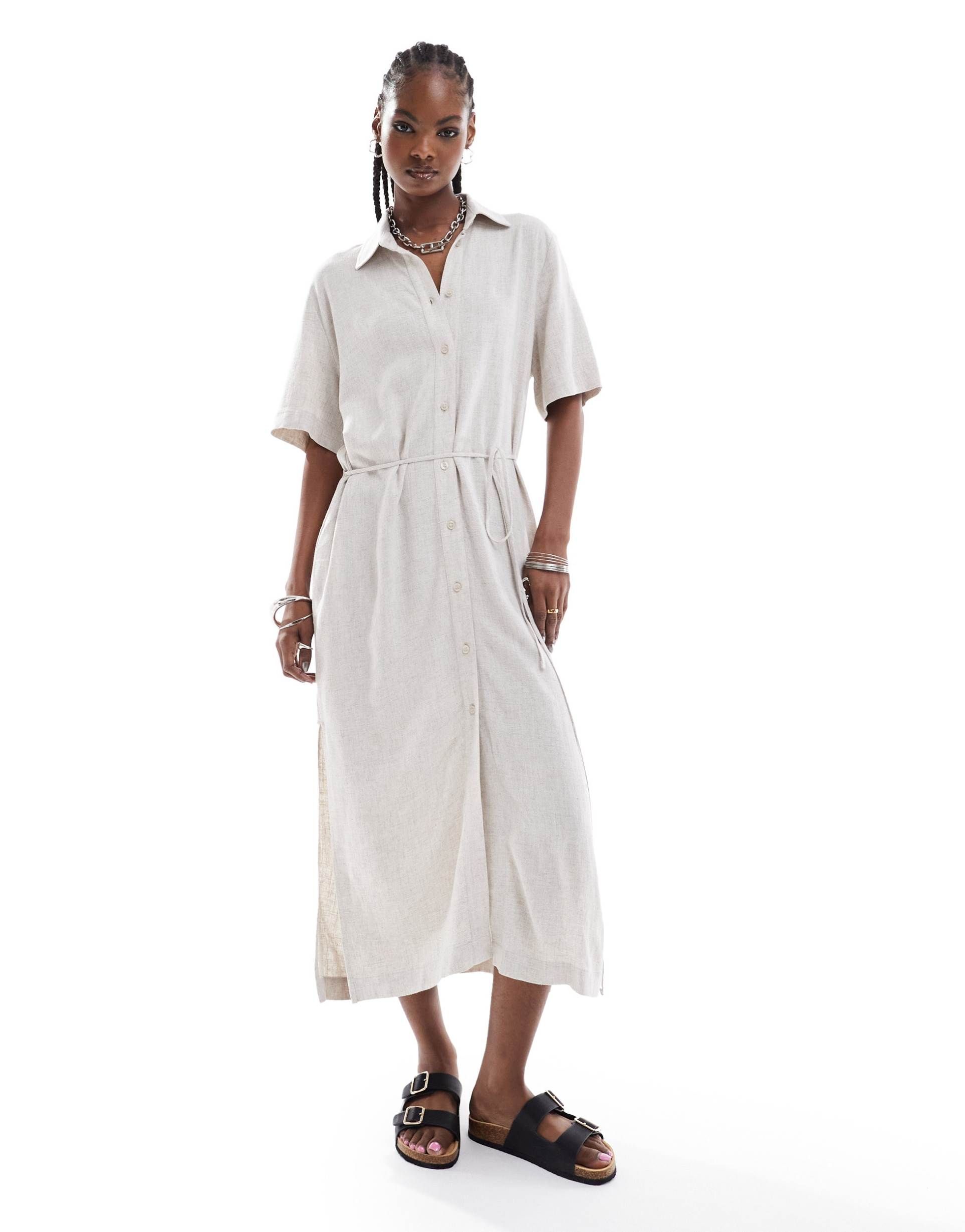 weekday carla linen mix midi shirt dress in off-white