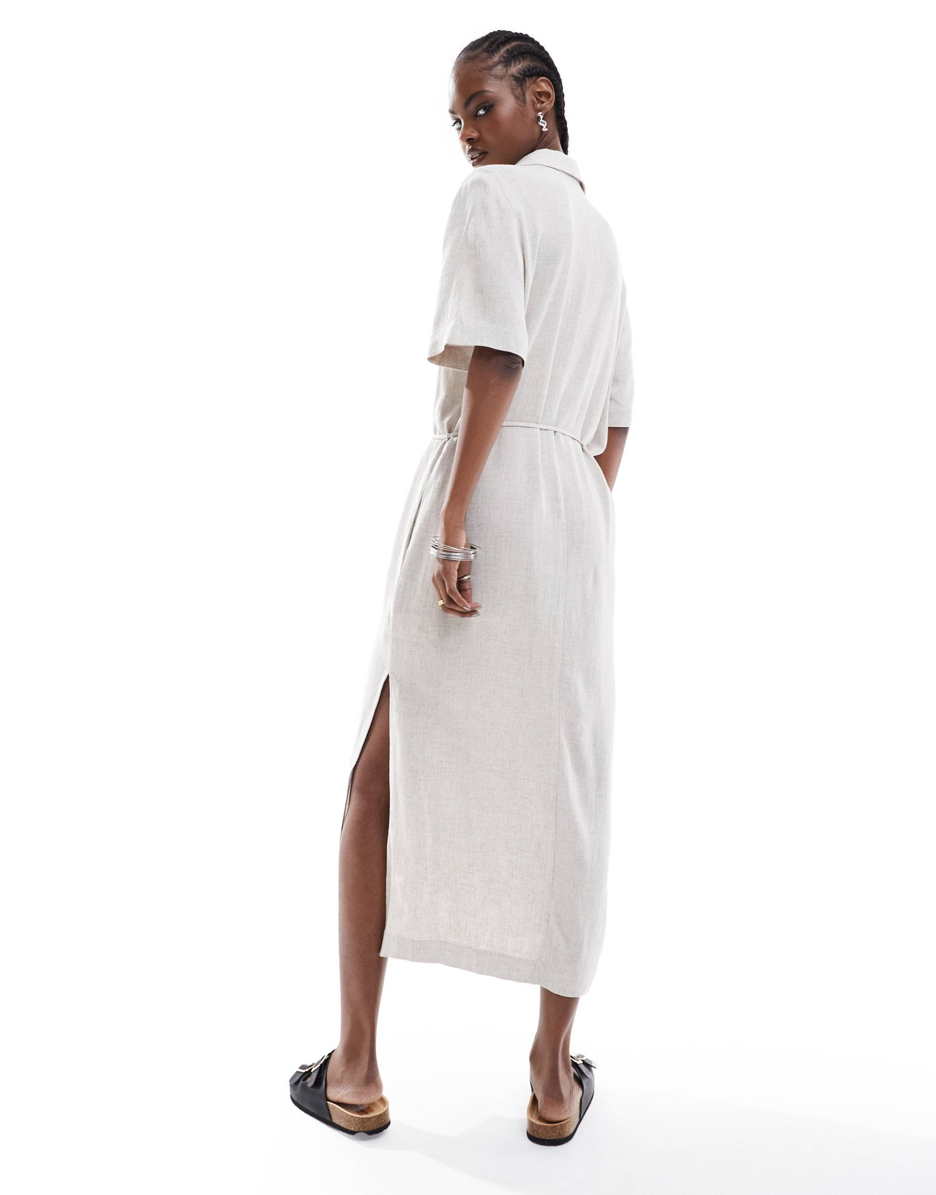 weekday carla linen mix midi shirt dress in off-white